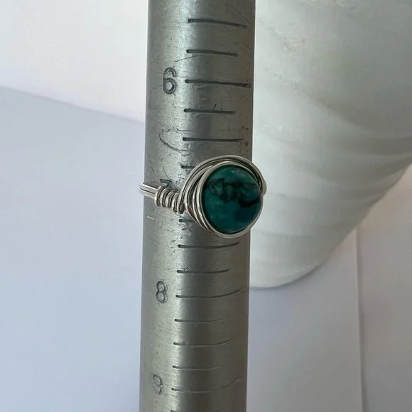 Cyan Blue Turquoise Sterling Silver Wire Wrap Ring - Picture 5 of 12